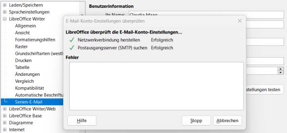 Nach dem Ausfüllen Ihrer E-Mail-Informationen können Sie die Einstellung testen