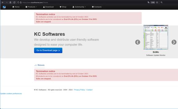 Screenshot der "Termination Notice" auf der KC-Softwares-Webseite 
