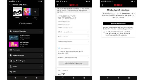 Drei Screenshots zeigen die Netflix-Kündigung via Smartphone-App 