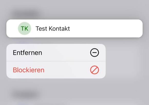 Screenshot: Ein Testkontakt mit den Befehlen Löschen und Blockieren 