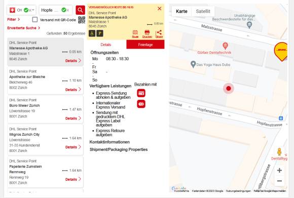 Screenshot zum gefundenen DHL Service-Point mit Adresse, Öffnungszeiten und Serviceumfang