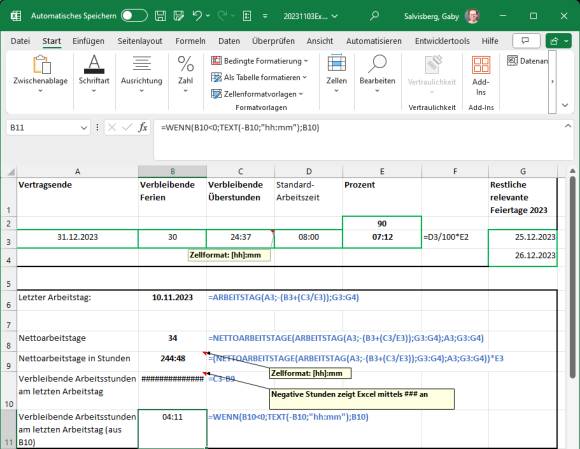 Die Excel-Tabelle mit den Formeln zur Berechnung 