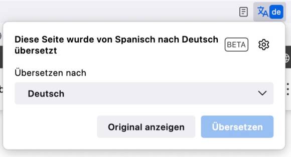 Bild 1: Firefox hat seit Kurzem auch einen eigenen Übersetzer; er wird als Pop-up und am Rand der Adressleiste angezeigt