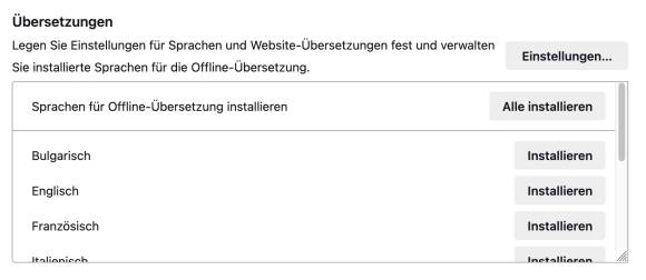 Bild 2: Die Übersetzungseinstellungen von Firefox sind noch sehr beschränkt