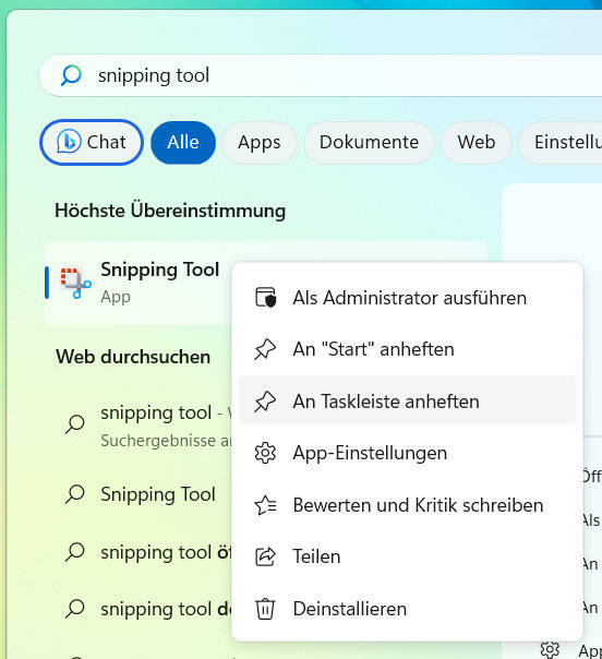 Bild 1: Heften Sie das Snipping Tool für den schnellen Zugriff an die Taskleiste an