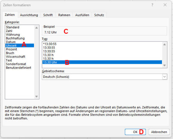 Bild 1: Die Darstellung von Datum und Uhrzeiten passen Sie im Fenster Zellen formatieren an