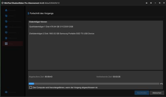 Bild 15: In unserem Beispiel dauerte eine Klon von ca. 200 GB Daten fast vier Stunden