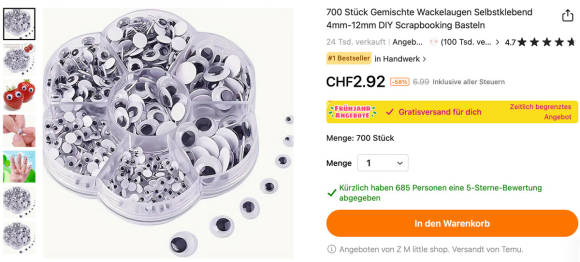 Bild 4: Selbstklebend: 700 Wackelaugen kosten nur Fr. 2.92 – und plötzlich schaut einem die ganze Welt zu