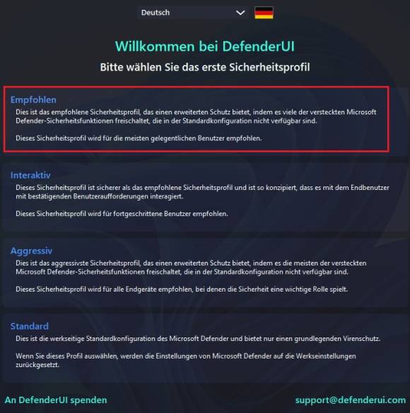 Bild 1: Das kostenlose Tool Defender UI bietet nach dem ersten Start vorgefertigte Profile – nutzen Sie am besten Empfohlen