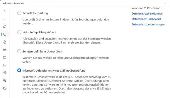 Bild 9: In einem Verdachtsfall ist ein Bootstick unnötig – nutzen Sie einfach Microsoft Defender Antivirus (Offlineüberprüfung)