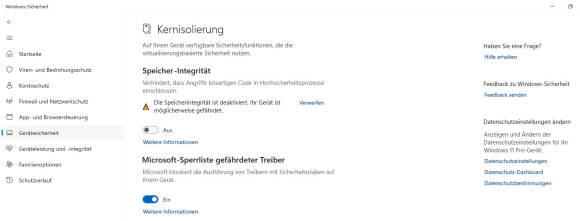 Bild 12: Obwohl die Kernisolierung in der Windows-Sicherheit aktiv ist, sind nicht alle Funktionen eingeschaltet