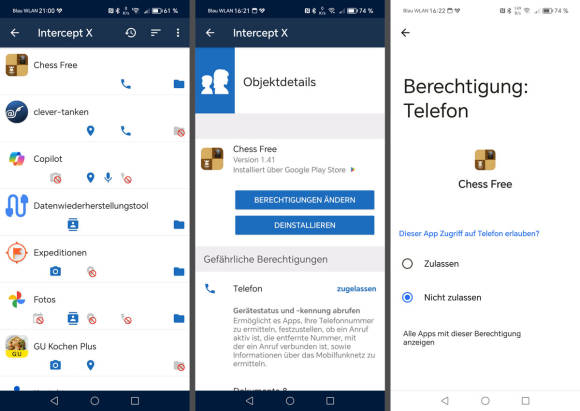 Bild 11: Der Privacy Advisor zeigt, dass das Schachprogramm Telefonzugriff hat – Zeit zum Ändern