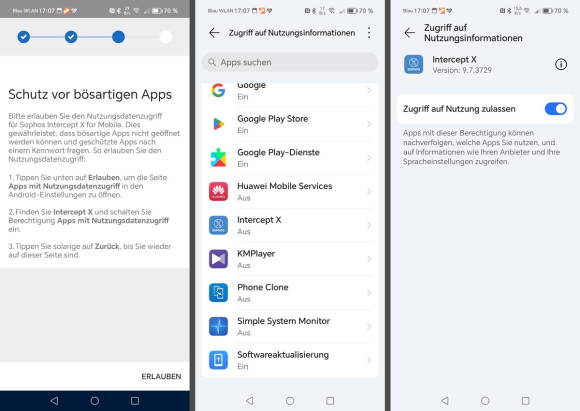 Bild 3: Für den Schutz vor bösartigen Apps muss der Systembeschützer von Sophos auch andere App-Infos lesen können