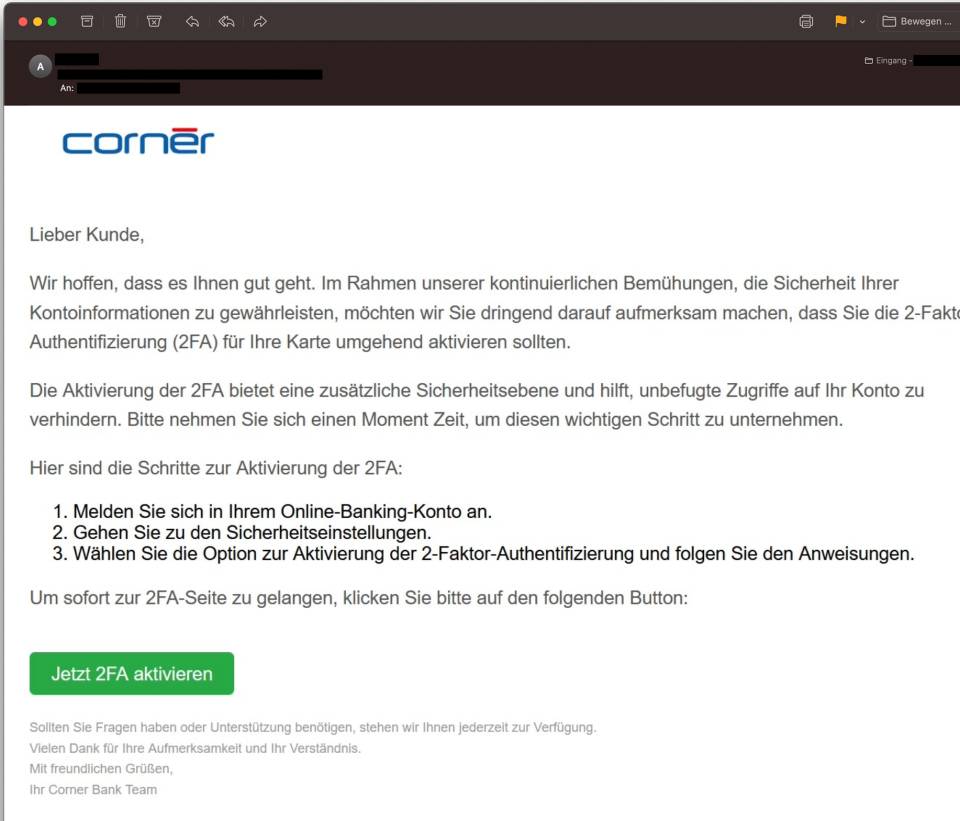 Phishing-Mail – Aktivierung 2FA Cornèrcard - pctipp.ch