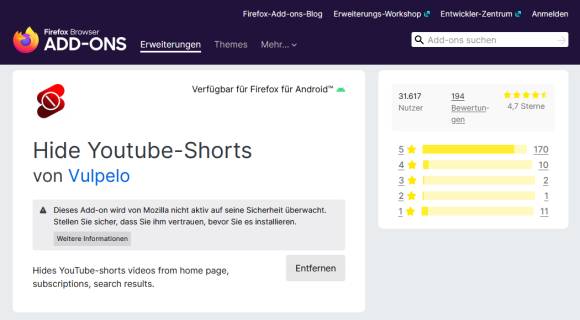 Bild 10: Das Firefox-Add-on Hide Youtube-Shorts entfernt beim YouTube-Besuch alle «Shorts»-Videos