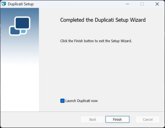 Bild 6: Klicken Sie am Ende des Duplicati-Set-ups auf Finish, um das Backup-Tool zu starten