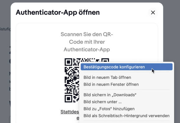 Bild 4: Die Einrichtung eines OTPs ist mit einem Rechtsklick auf den QR-Code erledigt