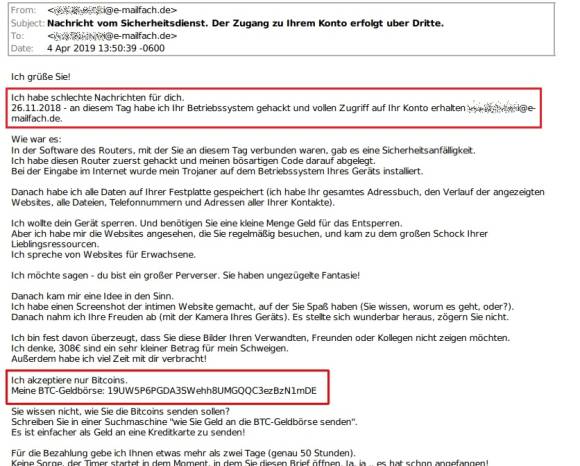 Bild 1: In dieser E-Mail wird behauptet, dass man Sie gehackt hätte. Unsinn! Einfach löschen
