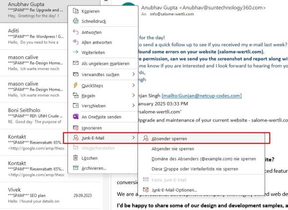Bild 7: In Outlook ist die Junk-Funktion etwas versteckt in den Optionen, die Sie mit der rechten Maustaste erreichen