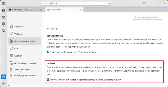 Bild 8: Aktivieren Sie in Thunderbird diese Zusatzoption, damit Ihre Schutz-Software ankommende E-Mails besser untersuchen kann