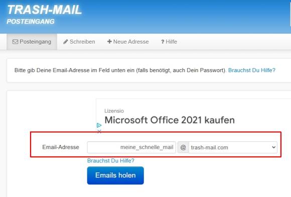 Bild 10: Bei Trash-Mail kann man sich ohne Anmeldung eine Wegwerf-E-Mail-Adresse besorgen und nutzen