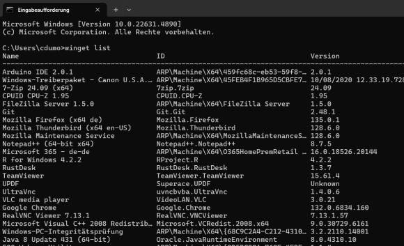 Bild 6: Eine Textliste der installierten Programme auf Ihrem Computer erhalten Sie in der Eingabeaufforderung mit dem Befehl winget list