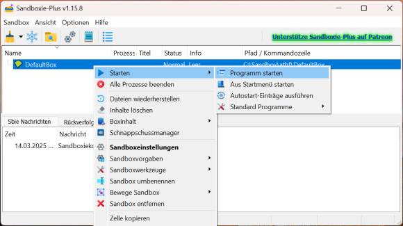 Bild 10: Klicken Sie mit der rechten Maustaste auf die Standard-Sandbox DefaultBox, um eine Software auszuwählen