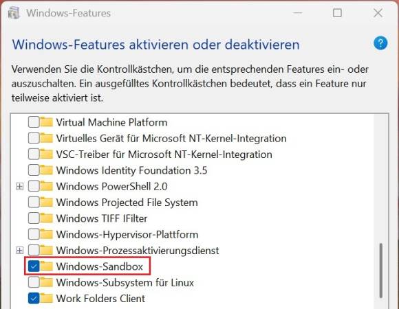 Bild 3: Aktivieren Sie die Option Windows-Sandbox und bestätigen Sie mit OK