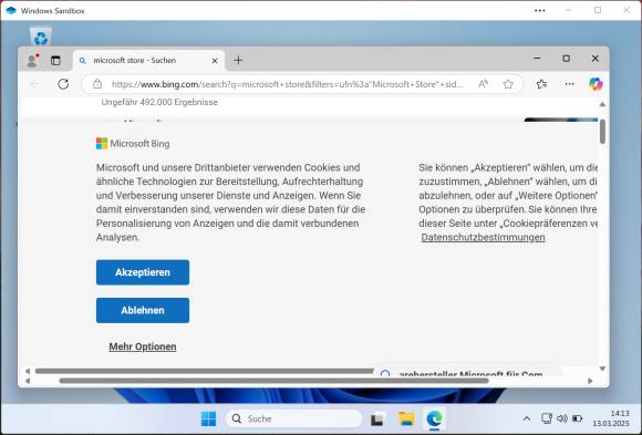 Bild 5: So gut die Windows Sandbox ist, die immer gleichen Hinweise von Edge und Bing nerven auf Dauer