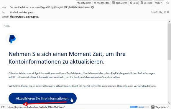 Bild 1: Klassische Phishing-Mail – der Mauszeiger über dem Knopf zeigt in Thunderbird die wirkliche Linkadresse an