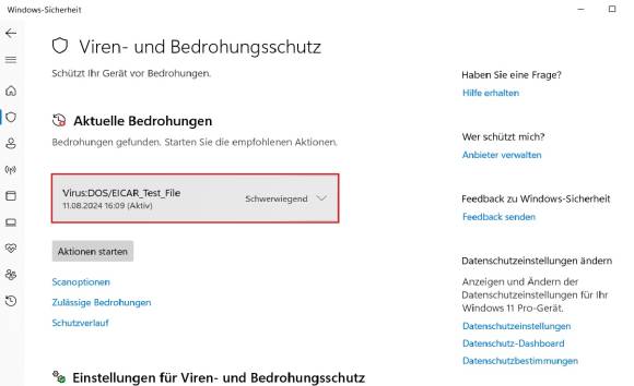 Bild 2: Gefahr droht – hier wurde der (Test-)Virus im Microsoft Defender erwischt