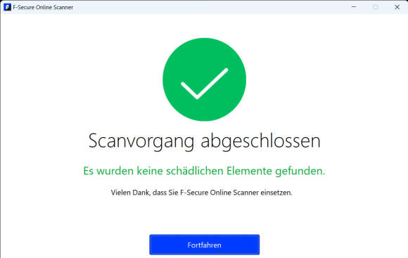 Bild 5: Der Online Scanner von F-Secure hat alles fertig untersucht und nichts Gefährliches entdeckt