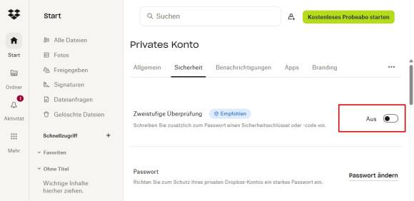 Bild 1: In Dropbox ist die 2FA schnell eingestellt und der Account gesichert