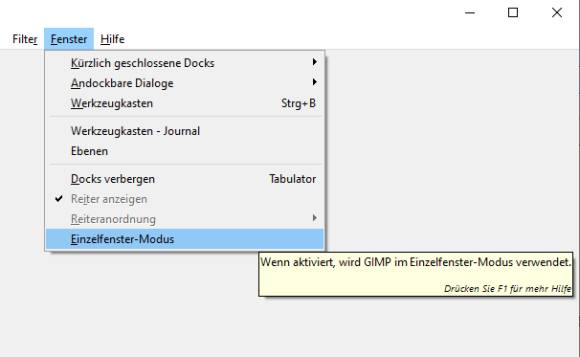 Bild 7: Der Einzelfenster-Modus erleichtert Einsteigern den Umgang mit Gimp