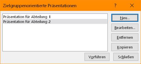 Hier sind Ihre Präsentationsvarianten aufgelistet Screenshot Verwaltung der Präsentationsvarianten