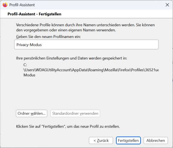 Bild 11: Erstellen Sie ein neues Firefox-Profil namens Privacy-Modus extra für das Surfen mit Arkenfox
