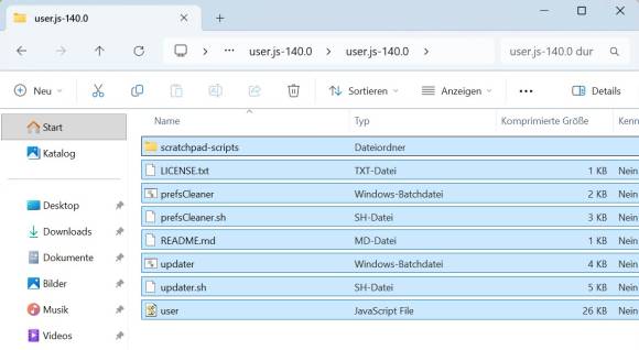Bild 12: Kopieren Sie per Ctrl+C alle Dateien aus dem Arkenfox-ZIP-Archiv in das speziell angelegte Firefox-Profil Privacy-Modus