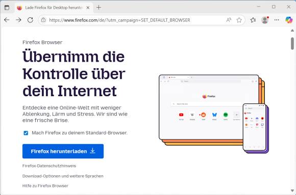 Bild 1: Falls Sie Firefox noch nicht auf Ihrem Rechner installiert haben, dann öffnen Sie zum Beispiel Edge und laden ihn von der Hersteller-Webseite kostenlos herunter