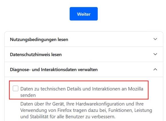 Bild 3: Entfernen Sie beim Set-up das Häkchen vor dem Eintrag Daten zu technischen Details und Interaktionen an Mozilla senden