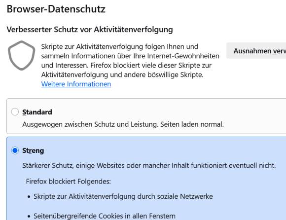 Bild 5: Wählen Sie die Stufe Streng, um den Tracking-Firmen ihre Arbeit zu erschweren